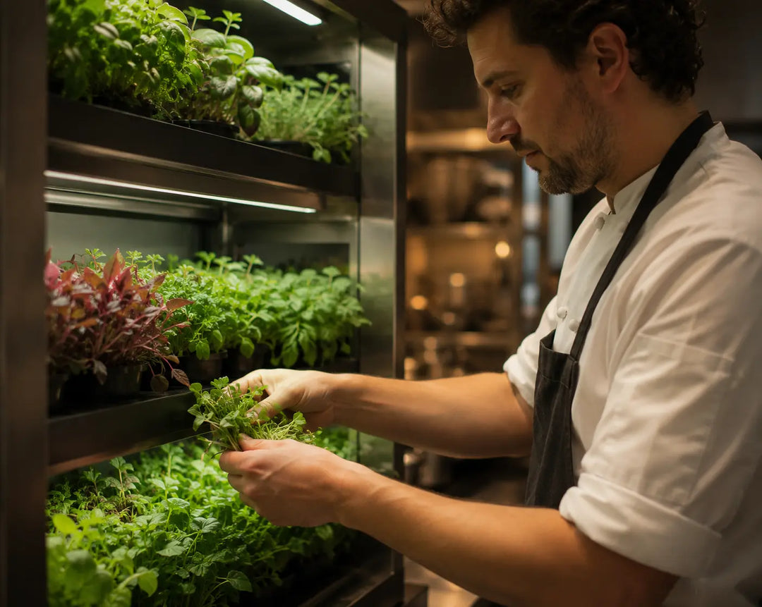 Zwei Raumgarten PRO Einheiten von Our Greenery in einem Fine-Dining-Restaurant in Amsterdam, gefüllt mit frischen Microgreens und Kräutern, sichtbar für die Gäste im Gastraum