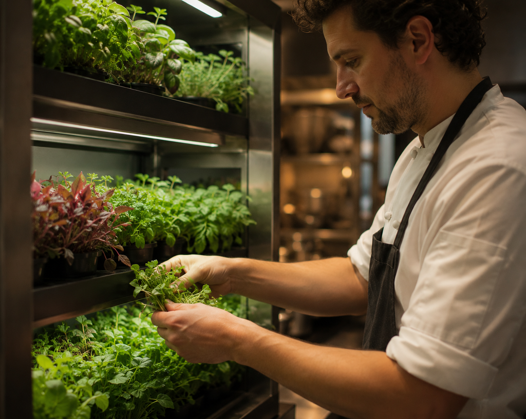 Zwei Raumgarten PRO Einheiten von Our Greenery in einem Fine-Dining-Restaurant in Amsterdam, gefüllt mit frischen Microgreens und Kräutern, sichtbar für die Gäste im Gastraum