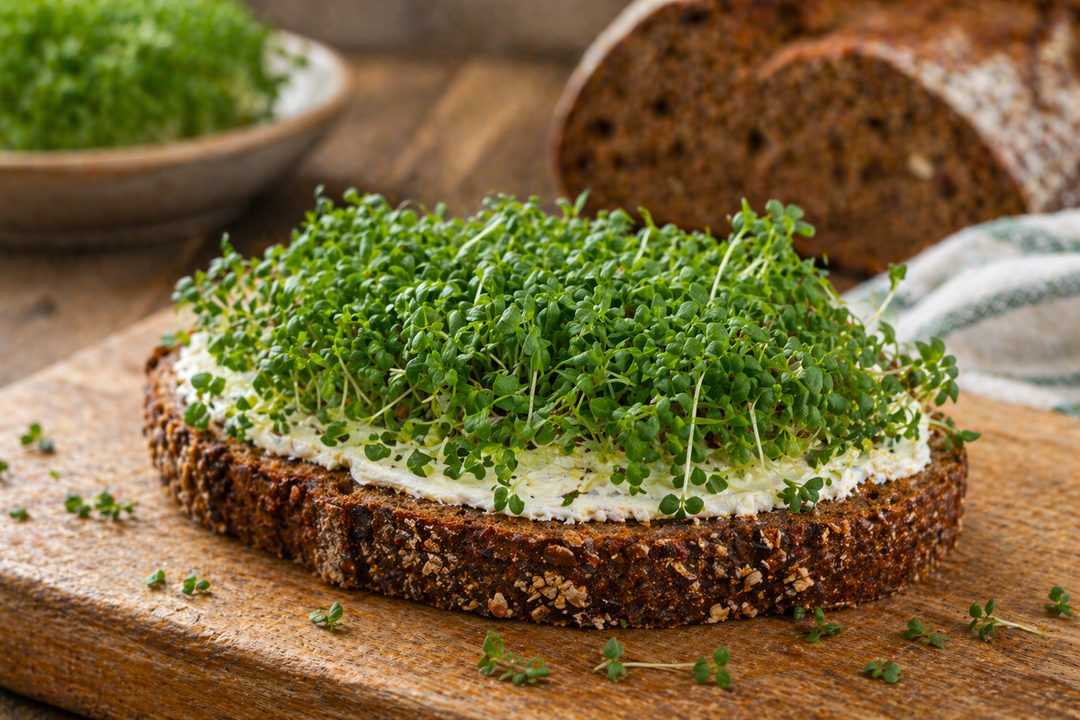 Frische Gartenkresse auf Brot — Our Greenery