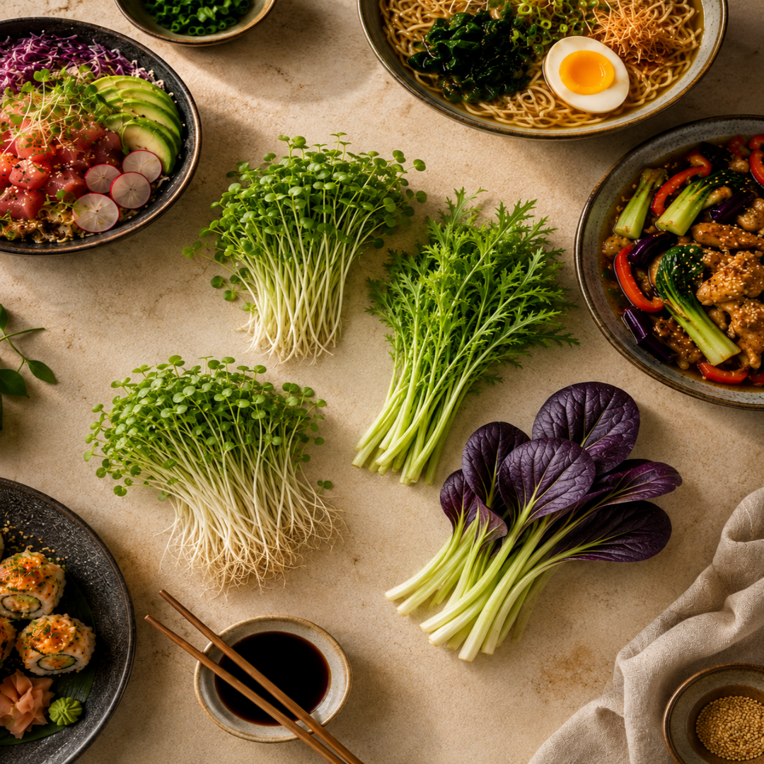 Ein Bild der Pflanzen in unserem Bündel, jede in einer Blumenstraußanordnung: Daikon-Microgreens, Senf-Microgreens, Mizuna, und Lila Pak Choy