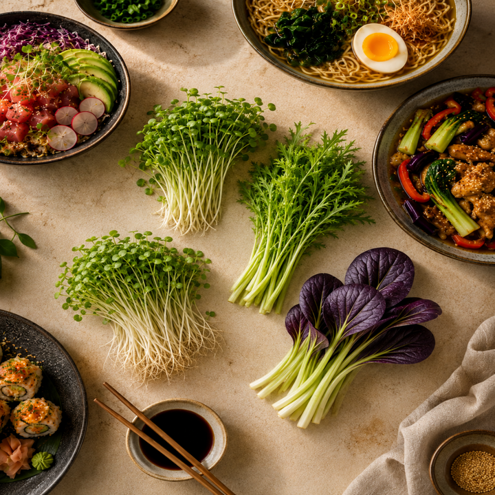 Ein Bild der Pflanzen in unserem Bündel, jede in einer Blumenstraußanordnung: Daikon-Microgreens, Senf-Microgreens, Mizuna, und Lila Pak Choy