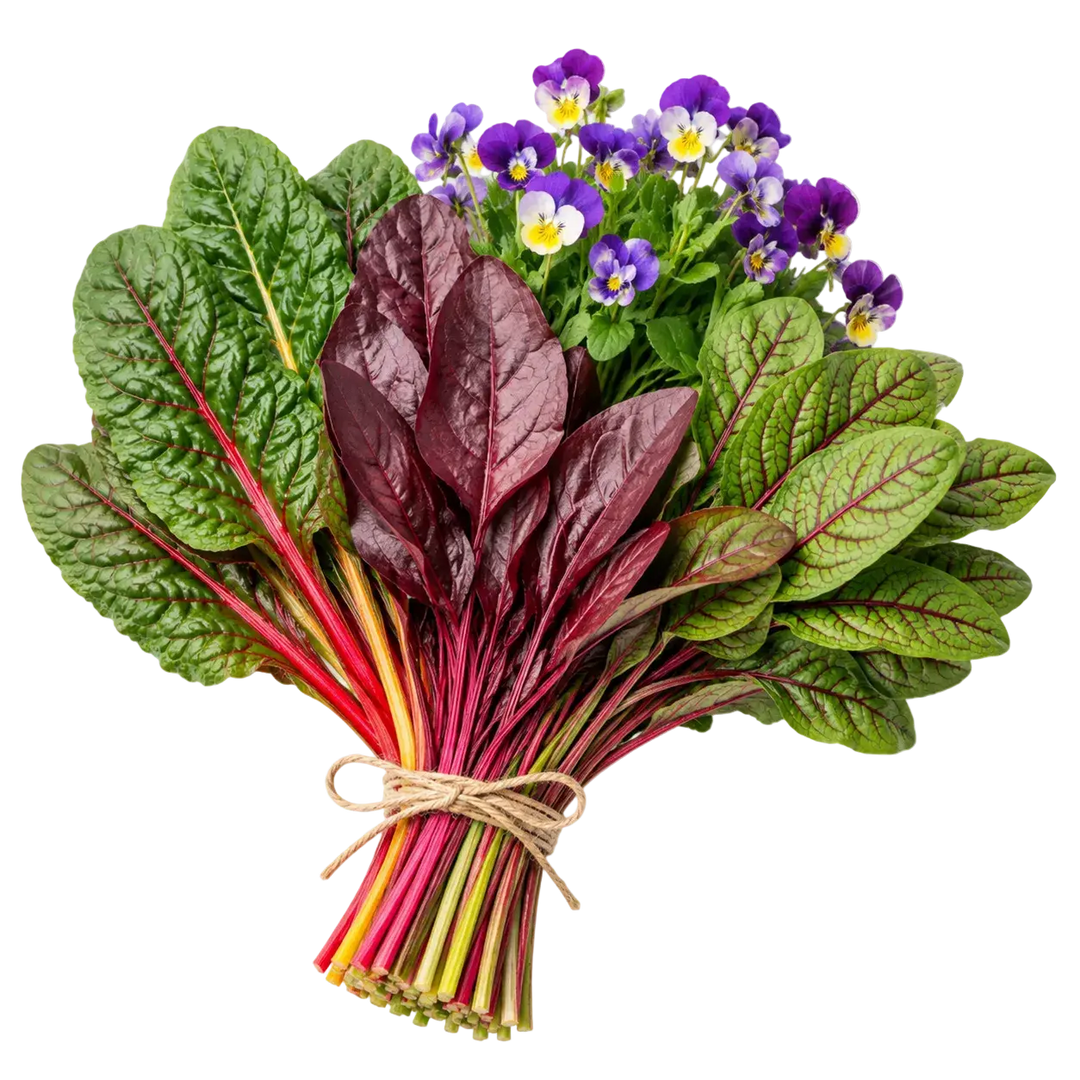 Frisch geernteter Strauß aus Mangold, Blutampfer, Rote-Beete-Blättern und 
Hornveilchen-Blüten, mit Jute-Garn gebunden, auf hellem Hintergrund.
