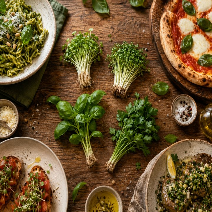 Ein Bild der Pflanzen in unserem Bündel, jede in einer Blumenstraußanordnung: Brokkoli-Microgreens, Gartenkresse, Italienisches Basilikum, Blattpetersilie