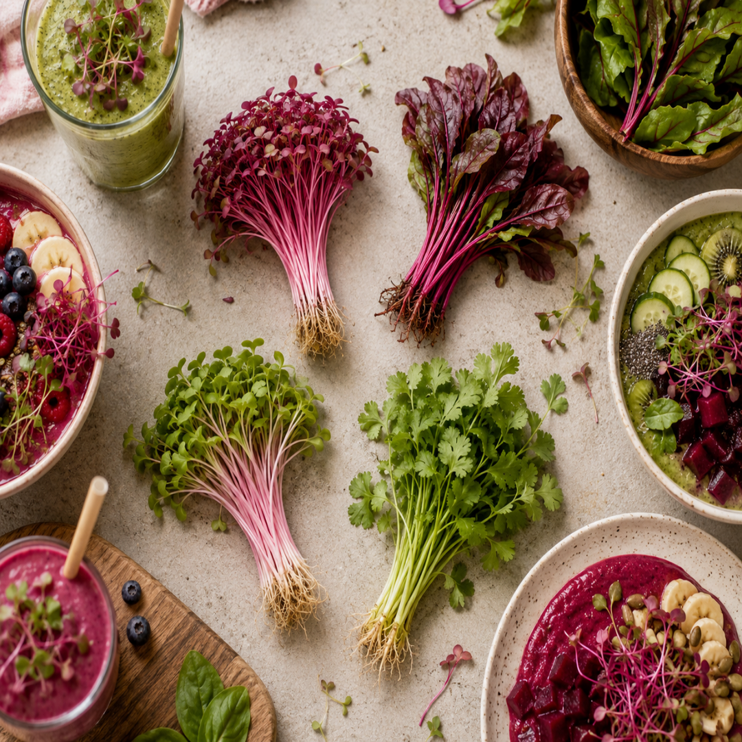 Ein Bild der Pflanzen in unserem Bündel, jede in einer Blumenstraußanordnung: Radieschen Rosa-Microgreens, Amaranth Microgreens, Petersilie und Blattkoriander
