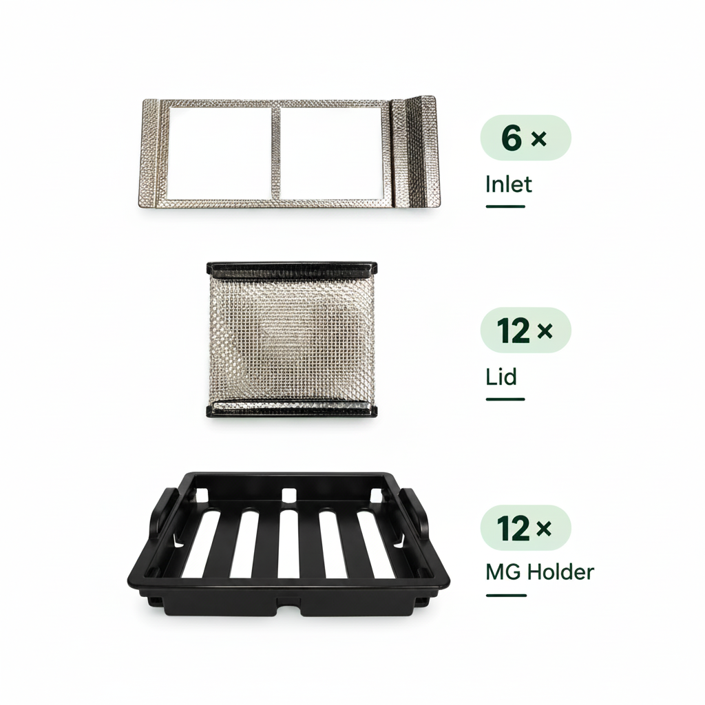 Raumgarten Pro MG Set – 6x Inlet, 12x Lid, 12x MG Holder auf weißem Hintergrund